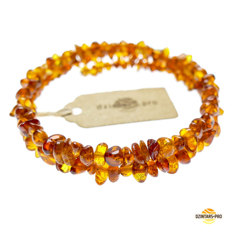 One size • Cognac-colored 2-wrap amber bracelet on metal memory wire - chip-shaped beads